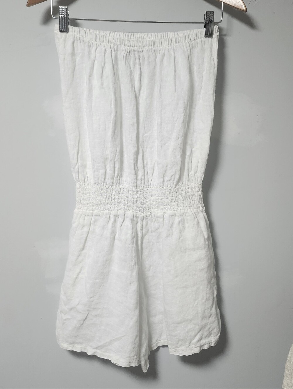 Sofia White Cotton Linen Sleeveless Semi Sheer Smocked Waist Pockets Romper S